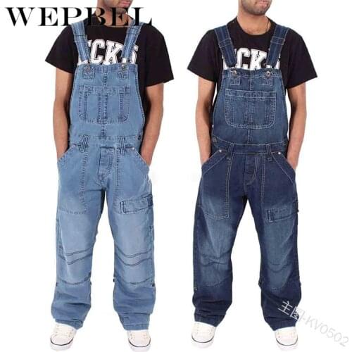WEPBEL Fashion Mens Ripped Jeans Jumpsuits Trousers with Pocket Streetwear Loose Denim Bib Overalls For Men Suspender Pants