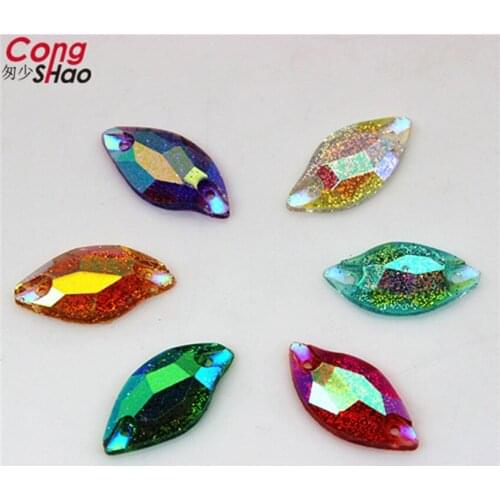 Cong Shao 100PCS 9*20mm Shiny AB Colorful Leaf Shape flatback Resin Rhinestone trim crystals sewing 2 Hole costume Button CS408