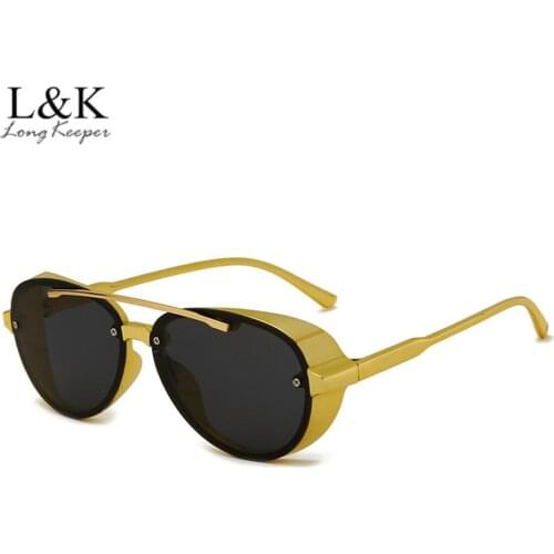 LongKeeper Retro Steampunk Sunglasses Men Women Brand Design Metal Side Shiled Glasses Male Classic Pilot Sun Glasses UV400