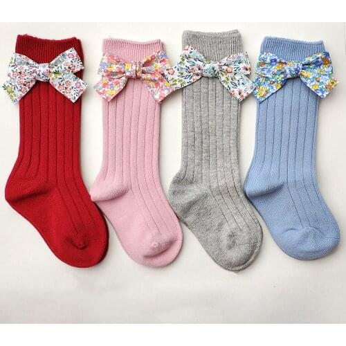 Cute Baby Girls Cotton Socks Flower Bows Knee High Soft Toddlers Princess Long Socks Infants Stripped Children Socks Candy Color