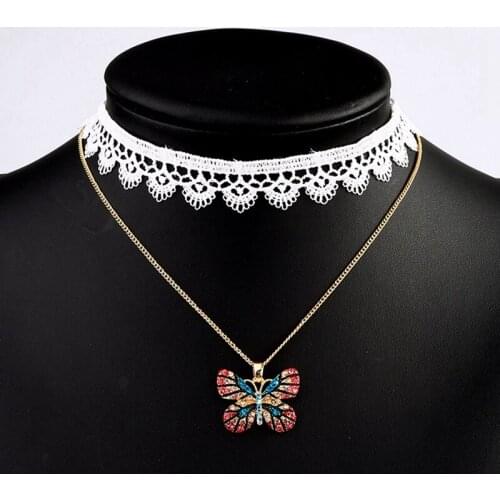 1PCS Butterfly Pendant Layered Necklace Rhinestone Lace Choker Clavicle Necklace for Women Girls Sexy Clavicle Necklace