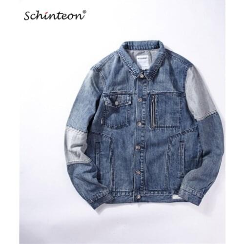 Schinteon 2018 Men Autumn Washed Spliced Denim Jacket Outwear Vintage Coat 100% Cotton Top Quality