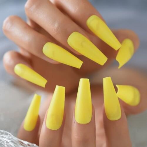 Long High Quality Nail Decoration Set Coffin Shape Wholesale Full Fake Nails Yellow Press On Finger Nails