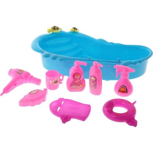 9Pcs Dollhouse Bathtub & Bath Supplies Set for Bathroom Accessories Doll Bathing Pretend Play Set Game Toys