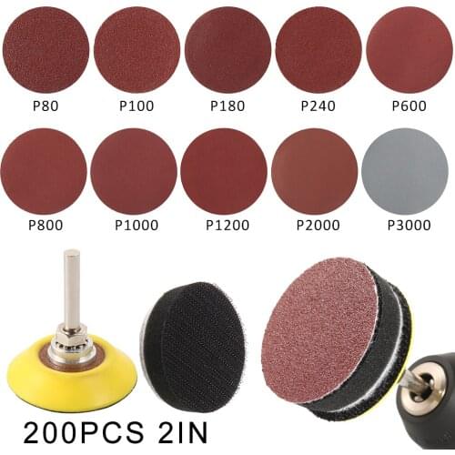200pcs 80/180/240/800/1000/2000 Grits Sanding Disc Set + Hook Backed Panel Metal Shank for Polishing Cleaning Tools
