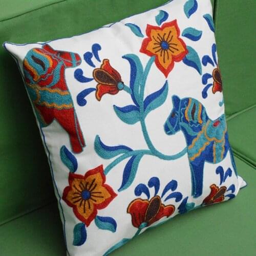 DUNXDECO Cushion Cover Decorative Pillow Case Modern Nordic Horse Flora Colorful Cotton Thread Embroidery Chair Cushion Cover