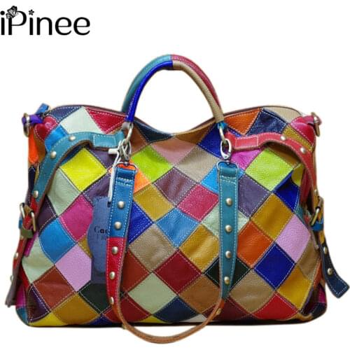 IPinee 2021 New Women Bags Casual Colorful Blocks Patchwork Women Tote Bags Genuine Leather Ladies Handbags