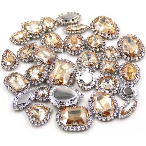 New arrivals Champagne crystal buttons mix shape sew on glass rhinestones with cup chian rim diy clothing/necklace