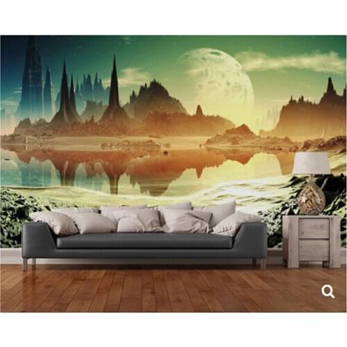 Custom Star Universe wallpaper,Alien City Ruins beside the Lake,3D modern mural for living room bedroom TV backdrop wallpaper