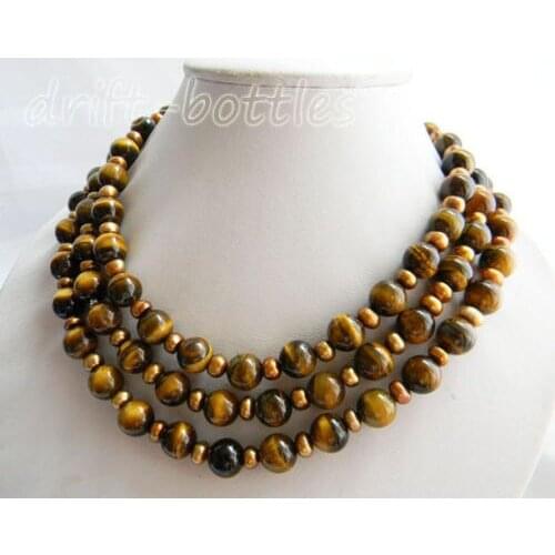 50'' 10mm Round Tiger'-eye Coffee Slice Freshwater Pearl Necklace