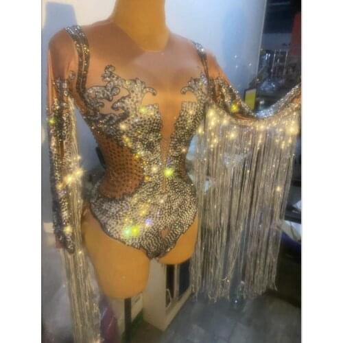 Silver Rhinestones Shiny Sequins Tassel Sleeve Bodysuit Women Dancer Skinny Stage Fringes Leotard Bar Nightclub Tight Stage Wear