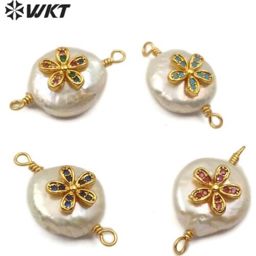 WT-MC275 WKT Natural Pearl＆CZ Pave Flowers Shape Colorful Connector Double Hoops Women Fashion Necklace Pendant Jewelry