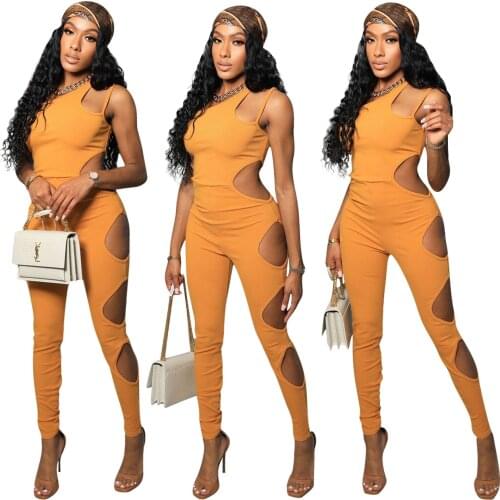 Sexy One Shoulder Cut out Jumpsuit Women Hollow out Long Rompers Bodycon One Piece Club Outfit Sleeveless Summer Clothes 2021