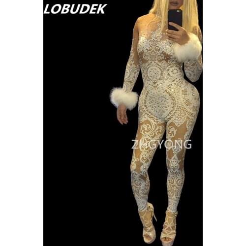 Party Nightclub Women Singer Host Stage Outfit White Lace Printed Feathers Elastic Jumpsuit Leading Dancer Performance Costume