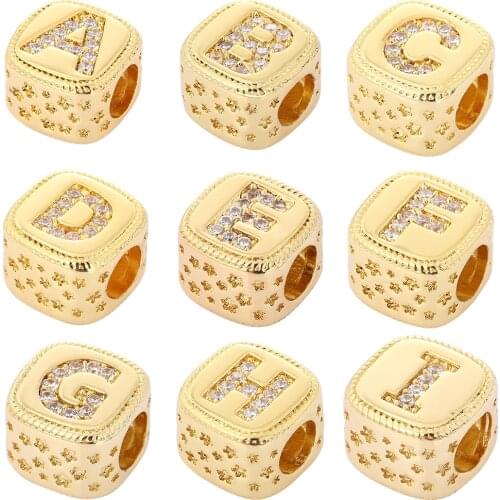 Gold Alphabet Letter Word Cube Micro Pave Charms A-Z Big Hole Baeds Charms for Jewerly Making Supplies Fiy Bracelet Necklace
