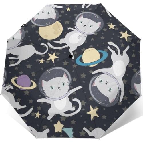 Sunny Umbrella Fun Cartoon Cat Astronaut In Space Automatic folding portable men umbrella Sunscreen rain Windproof beach parasol