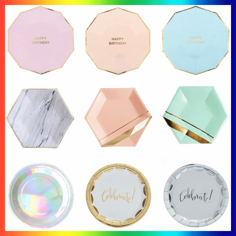 10pcs/set Gold Foil Pink Disposable Tableware Christmas New Year Party Paper Plates Cups Birthday Party Supplies Plastic Straws