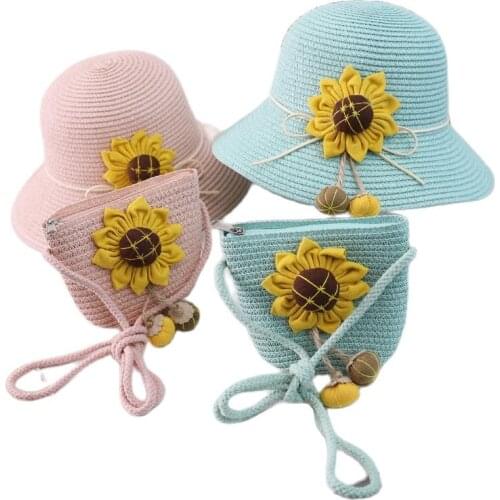 New Style 2pcs Set Girl Cute Casual Straw hat +handbag Child baby Outdoor travel holiday beach floppy hat flower bow sun cap