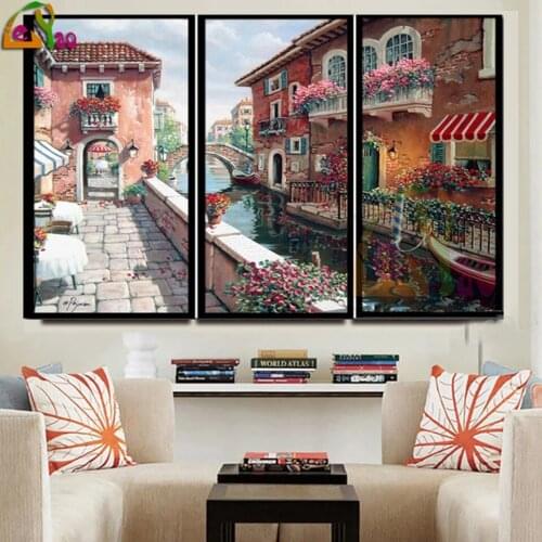 5d Diy Diamond Painting Triptych Venice Town Scenery Cross Stitch Diamond Embroidery Landscape Mosaic Rhinestones Home Decor