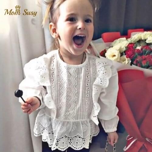 Baby Girl Blouse Ruffle Lace Hollow Cotton Infant Toddler Girl Pincess White Shirt Long Sleeve Fall Spring Top Baby Clothes 1-5Y