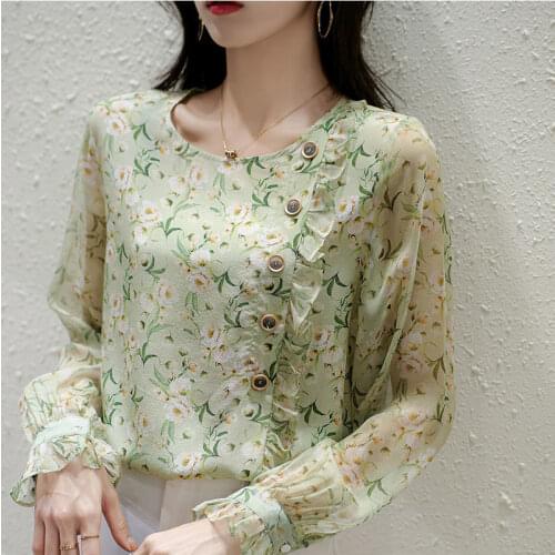 French Retro Women Chiffon Long Sleeve O-Neck Shirts Print Blouses Loose Casual Tops Ropa De Mujer Blusas MM1154