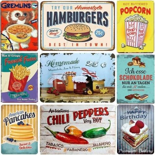Fast Food Metal Tin Signs Popcorn Gremlins Vintage Plate Retro Iron Painting Decor Wall Of Kitchen Sitting And Dining Room