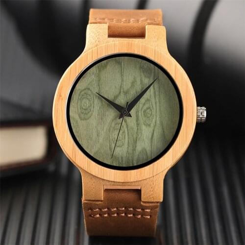 Trendy Green Round Dial Mens Quartz Genuine Leather Wristwatch Black Analog Male Natural Bamboo Wood Timepiece Gifts