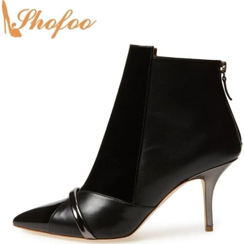 Black Pointed Toe High Thin Heels Woman Booties Patent Leather Back Zip Ankle Boots Large Size 13 16 Ladies Fashion Shoes Shofoo