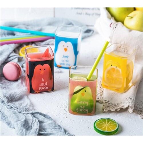 Childrens cute little penguin bear square glass water glass creative glass milk glass heat resistant microwave oven available
