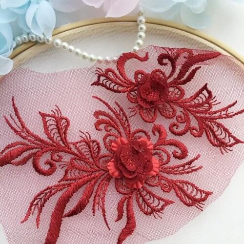 Red 3D Flowers Embroidery Patch Diy Lace Applique Sew On Floral Mesh Patches Costume For Wedding Dress Clothes Decor