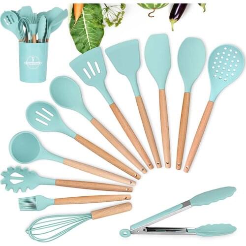 9/11/12PCS Silicone Cooking Utensils Set Non-stick Spatula Shovel Wooden Handle Cooking Tools Set With Storage Box Kitchen Tools