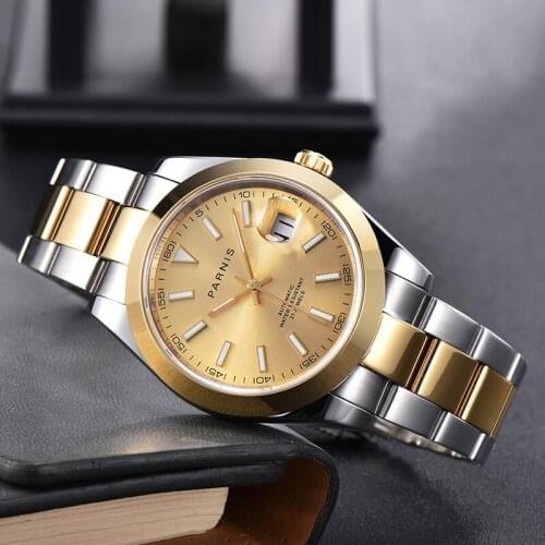 39mm parnis Gold dial sapphire glass date miyota 8215 automatic movement mens watch