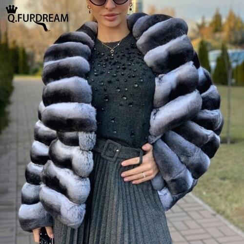 Q.FURDREAM New Woman Autumn Winter Jacket Real Rex Rabbit Fur Coat Big Lapel Stripes Warm Clothing Full Sleeves Outerwear