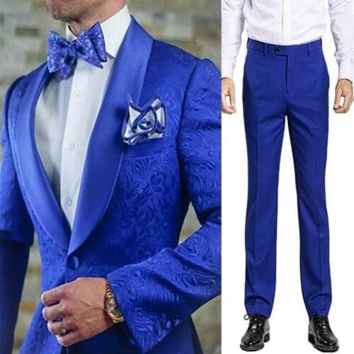 New Style Men Suits Royal Blue Groom Tuxedos Shawl Satin Lapel Groomsmen Wedding Best Man 2 Pieces ( Jacket+Pants+Tie ) D84
