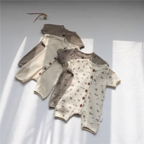 Baby Boys Girls Romper Newborn Infant Short Sleeve Waffle Check Floral Print Single Breasted Jumpsuit Playsuits Overalls Outfits