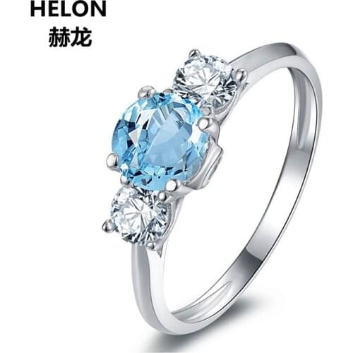 Solid 14k White Goldd Engagement Wedding Ring Natural Diamonds Anniversary Ring 6mm Sky Blue Topaz 4mm White Topaz