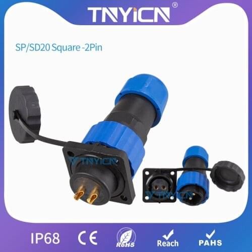 IP68 Waterproof Connector SP/SD20 Square-2Pin Panel Mount Wire Cable Connectors Aviation Plug&Socket Led Connector Jack&Female