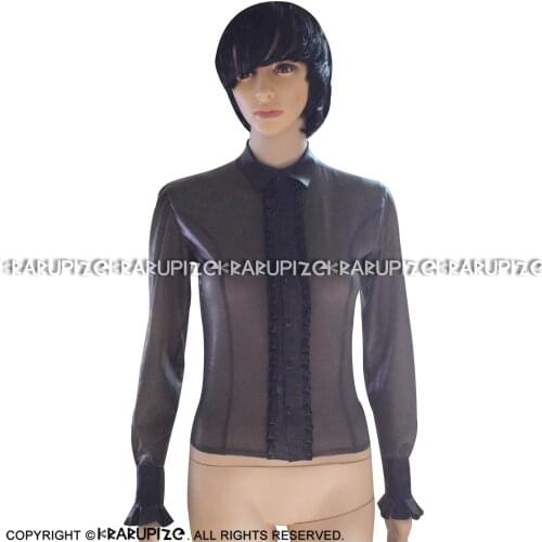 Transparent And Black Ruffles Sexy Latex Blouse With Buttons Front Turn Down Collar Rubber Shirt Top Clothes YF-0130