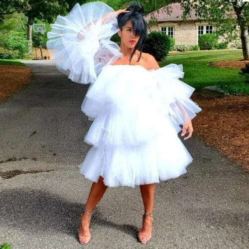 Puffy Prom Dresses vestido de festa White Tiered Prom Dress With Sleeves Ruffled Homecoming Gown Party Wear Mid Calf