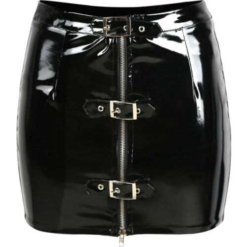 Sexy Women Zipper Open PVC Shiny Micro MINI Skirt Stripe Lace Up Tight Hip Slim Skirt Pencil Package Hip Skirt Plus Size F34