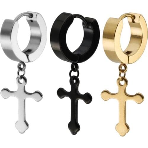 1 Pair Men Women Cross Hoop Earrings In Black Stainless Steel Crucifix Drop Huggie Hinged Earings Jewelry