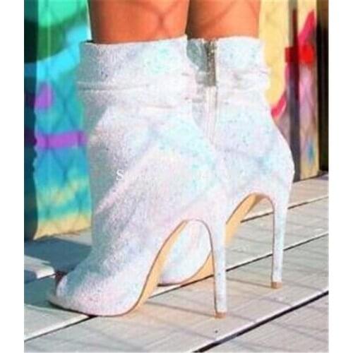 Bling Bling Women Charming Sequined Peep Toe Stiletto Heel Short Boots Zipper-up White Pink High Heel Ankle Booties Dress Heels