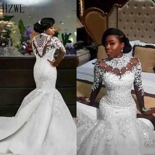High Neck Luxury Crystals African Mermaid Wedding Dresses 2020 Zipper Back Long Sleeve Heave Beaded Bride Dress Vestido De Noiva