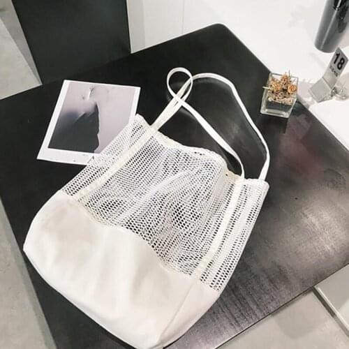 Large Capacity Ladies Bags Korean Style Grid Handbag Fashion Mesh Hollow Out Sandy Beach Package Canvas Single Shoulder Bag