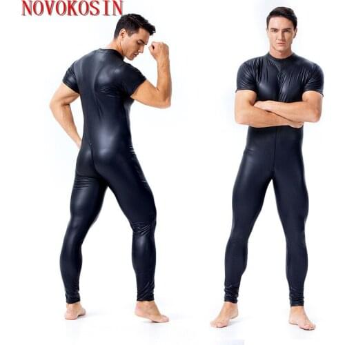 X159 S-3XL Sexy Short Sleeves PU Men Jumpsuit Faux Leather Front Zipper Crotch 2020 Bodysuit Night Club Fetish Erotic Lingerie