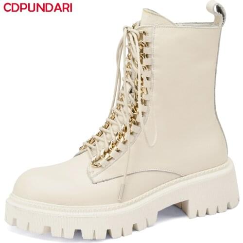 Ladies Black Genuine Leather Med Heels Platform Ankle Boots Women Autumn Winter Punk Motorcycle Short Boots Shoes Botines Mujer