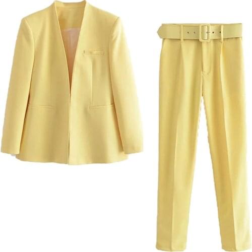 Simplee Elegant Knot Women Business Suit Autumn Winter Office Lace Up Blue Ladies Suits Blazer Fashion Two Piece Female Pant Set