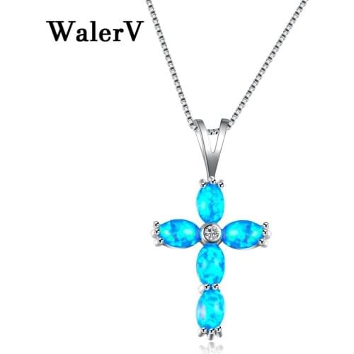 WalerV Vintage Blue Fire Imitation Opal Cross Pendant Necklaces For Women High Quality Sterling Belief Christian Gift