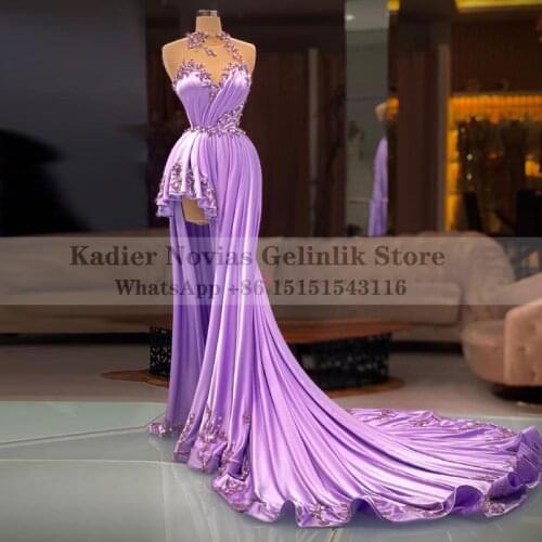 Womens Purple High Neck Mermaid Evening Dress 2021 with Long Train Quinceanera Prom Dress Vestido De Fiesta De Boda