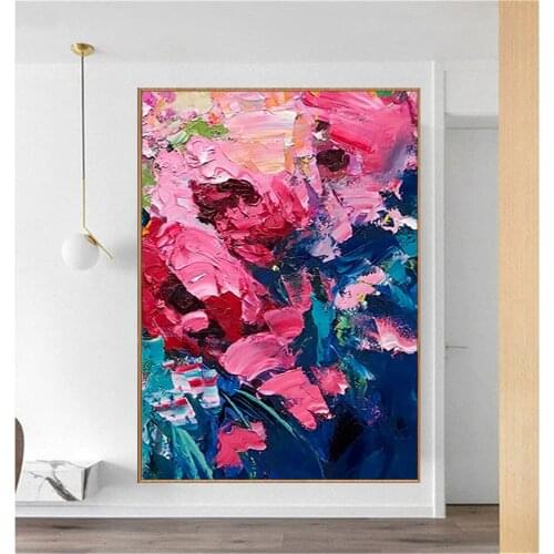100% hand-painted modern oil painting abstract flower pink thick texture canvas painting living room decoration hanging painting